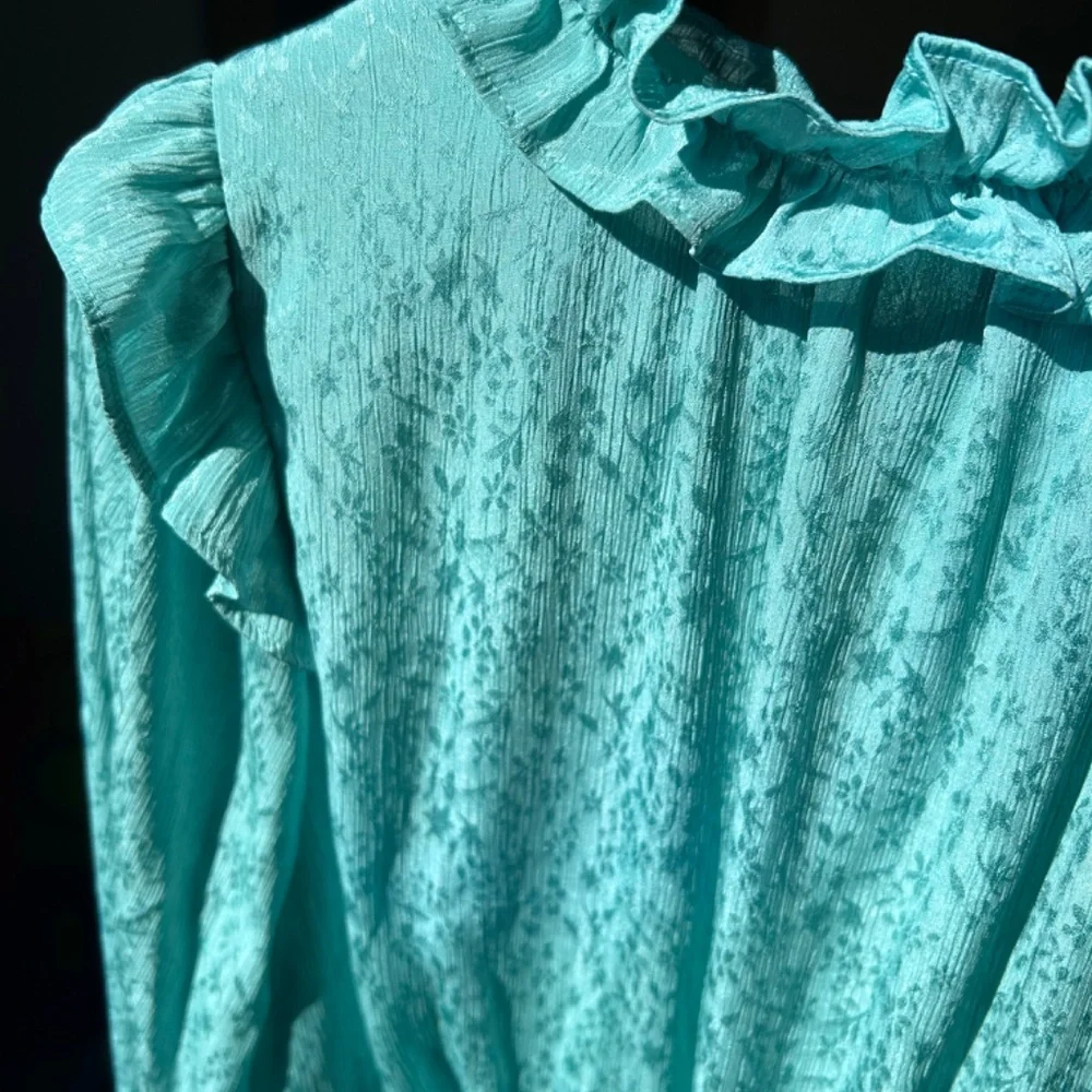 🍒Long Sleeve Mint Ruffle Button Down Dress - Picture 4 of 12